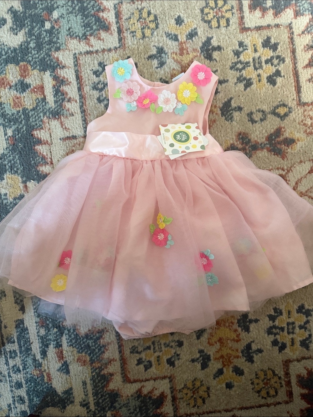Brand New 2 pc Little Me Pink Floral Appliqué Tulle Party Dress and panties